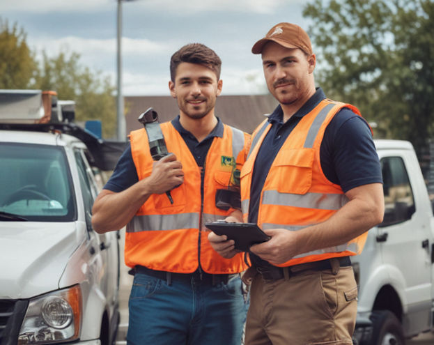 Tow truck drivers stand confidently beside his vehicle, holding a portable POS payment device.