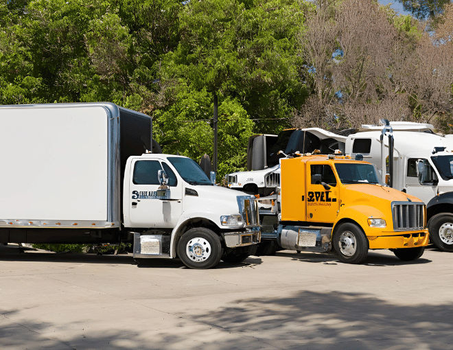 Thre tow trucks parked in front of a tow yard.