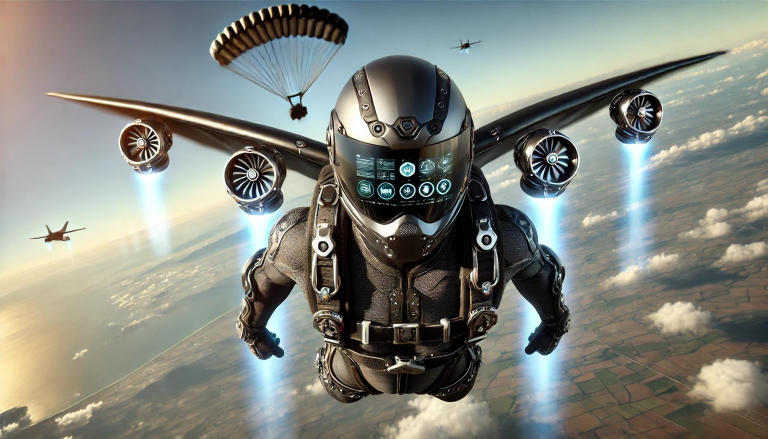 Futuristic skydiver in jet-powered wingsuit with augmented reality helmet.