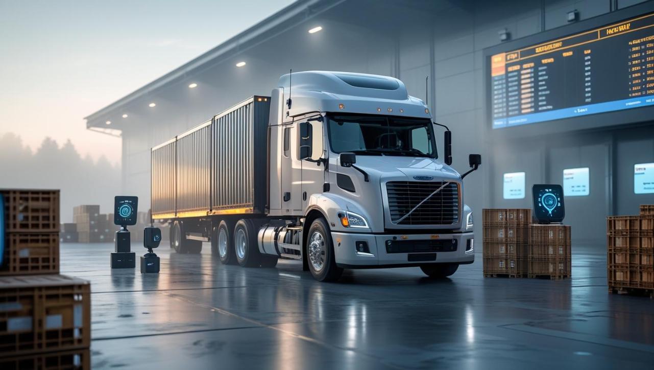 Modern truck with GPS and sensors parked at foggy high-tech logistics hub.