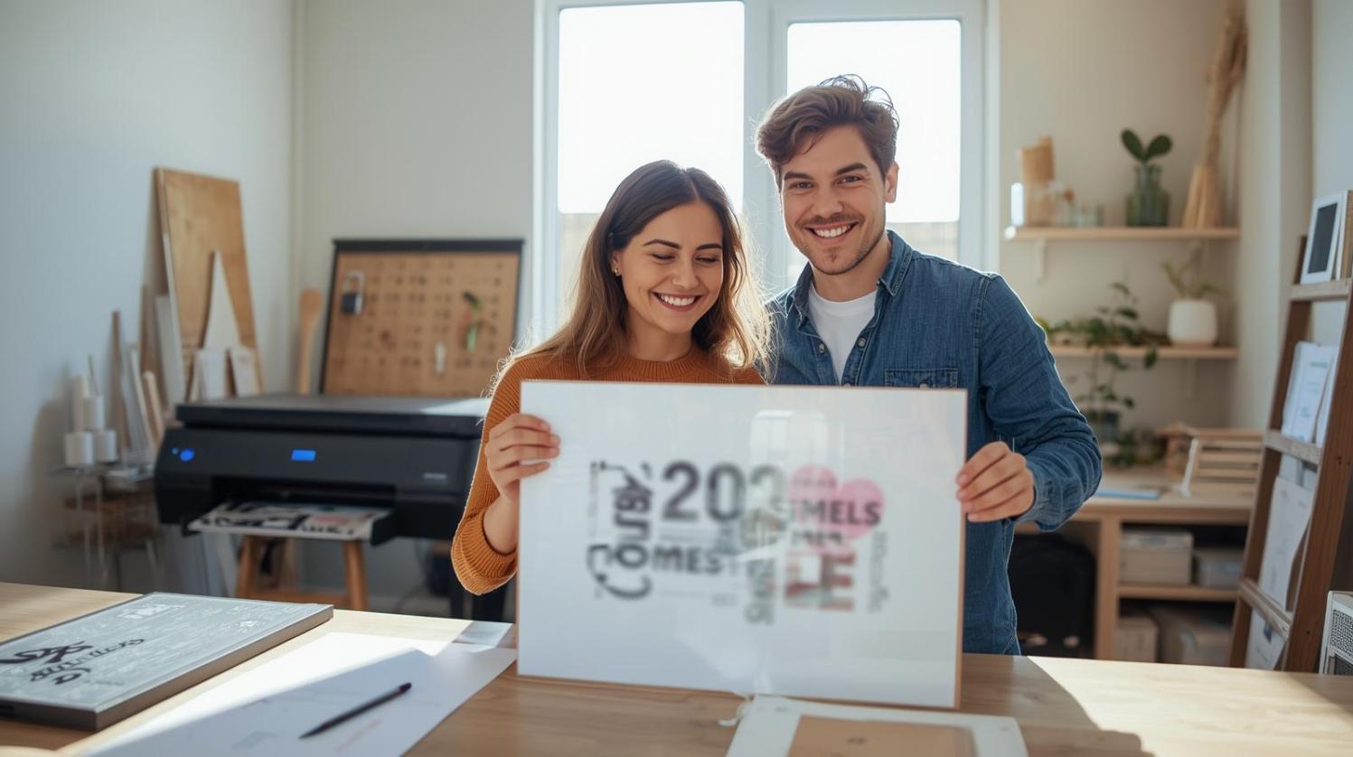 Two smiling designers proudly hold a newly printed personalized sign in studio.